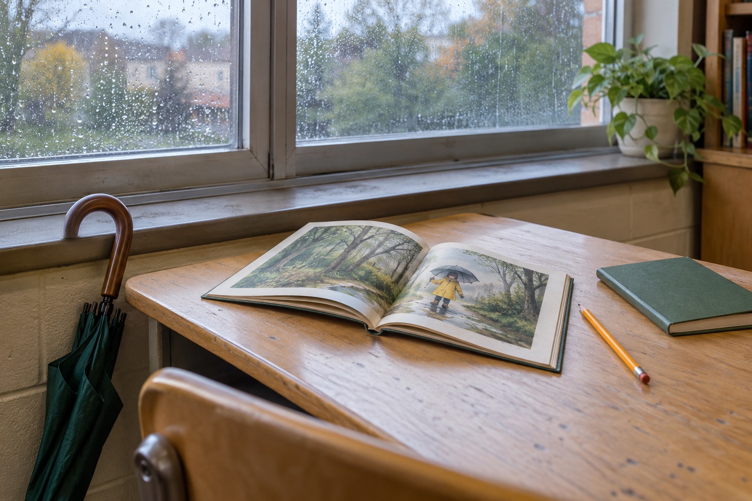 雨天窗邊的書與雨傘,閱讀情境照片