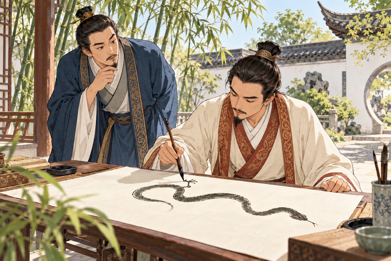 Ilustración de dos adultos de la antigua China que analizan la historia de añadir patas a una serpiente y sus consecuencias