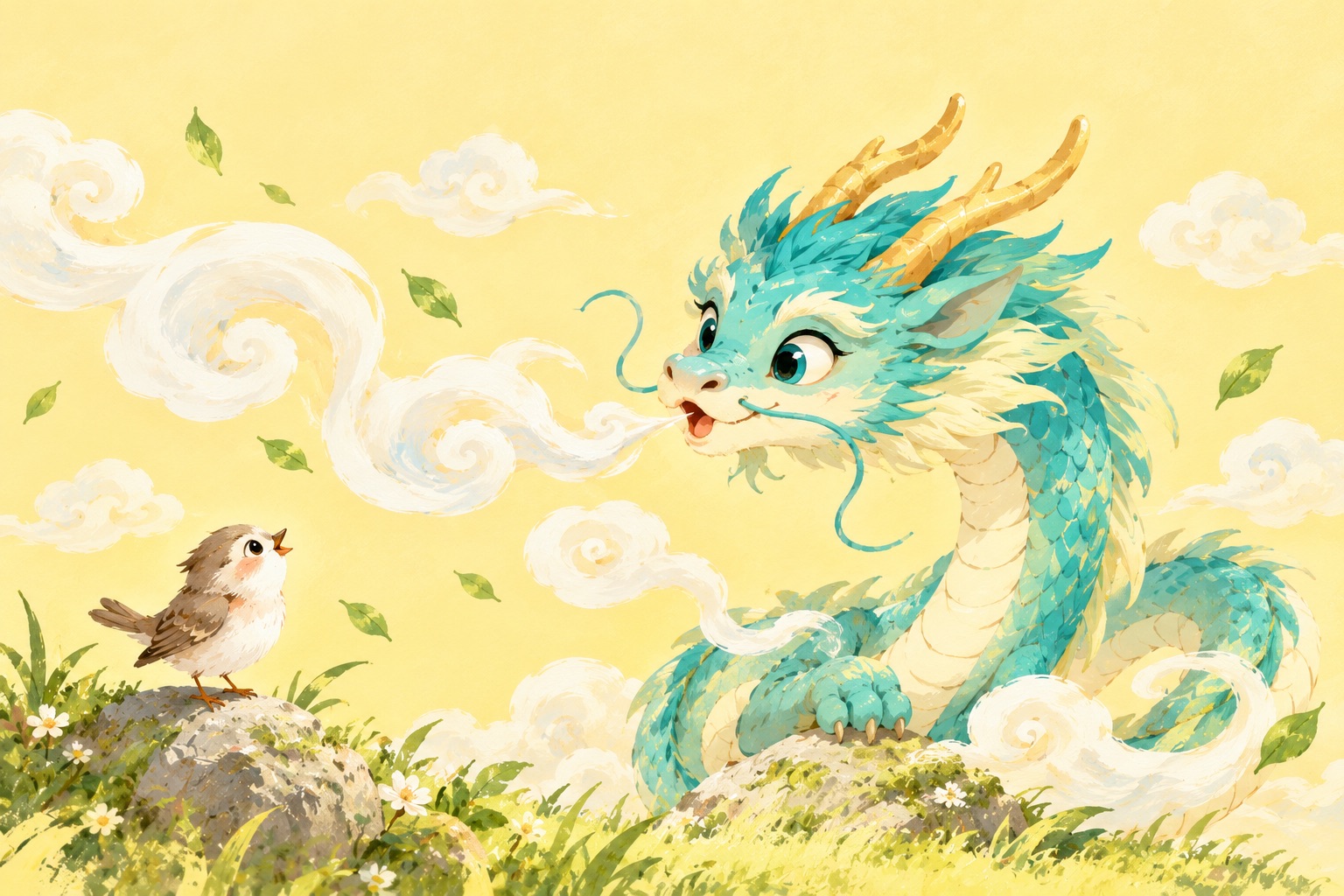 Ilustración de un pequeño dragón azul y un pájaro practicando sonidos en una introducción al pinyin