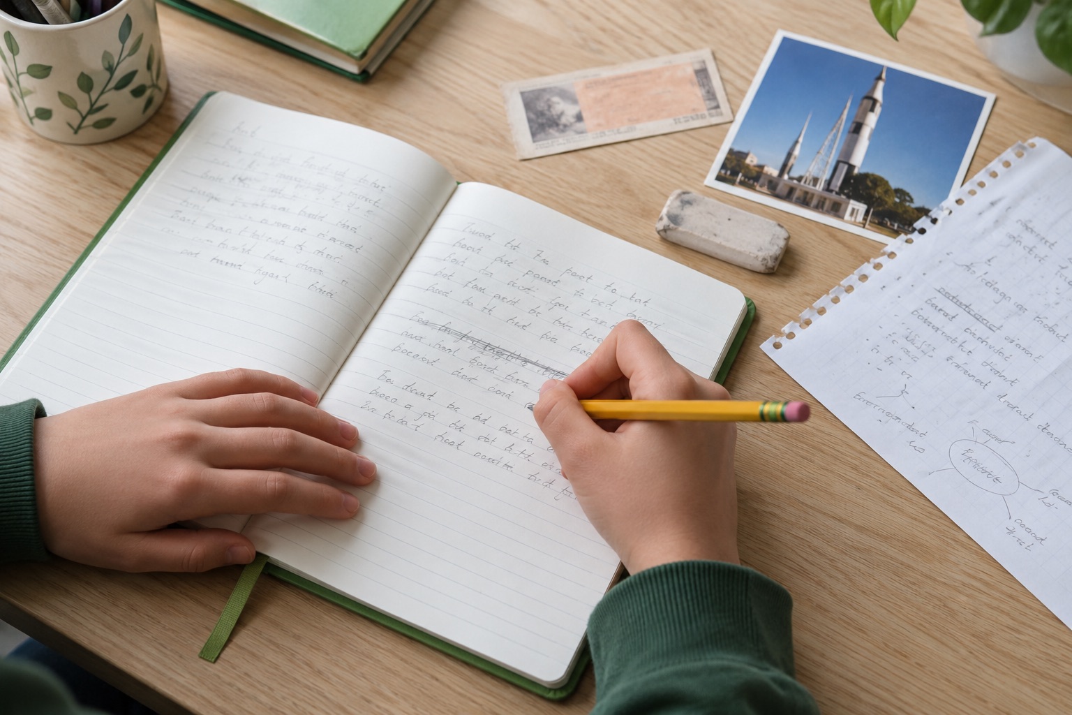 글을 쓰는 손과 공책